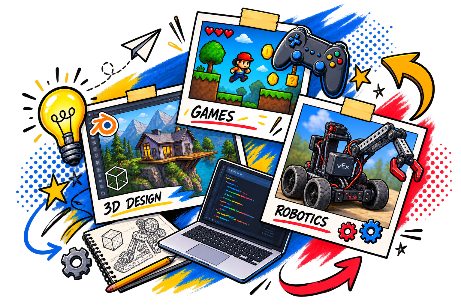 Student projects including game development, 3D design and robotics